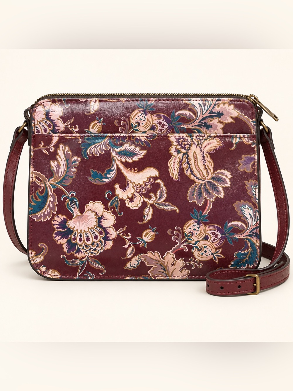 Patricia Nash Burgundy Floral Leather Crossbody Bag
